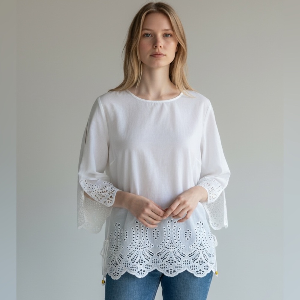 Michael Kors white top blouse eyelet L NWT $140
